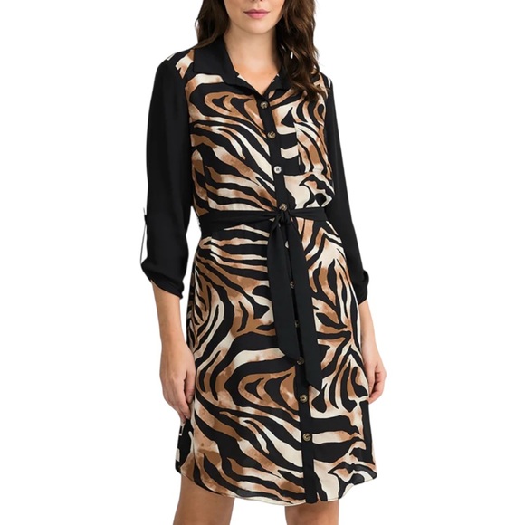 Joseph Ribkoff Black Beige Animal Print Button Up Belted Dress Medium - Picture 12 of 12